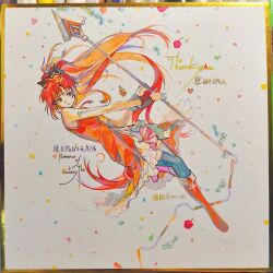  1girl absurdres antenna_hair bare_shoulders black_bow black_thighhighs black_wrist_cuffs boots bow chain closed_mouth confetti detached_sleeves dress eyelashes floating floating_clothes floating_hair frilled_dress frills full_body gem hair_bow highres holding holding_polearm holding_weapon knee_boots long_hair long_sleeves looking_to_the_side magical_girl mahou_shoujo_madoka_magica mahou_shoujo_madoka_magica_(anime) miniskirt nunchaku pink_skirt pleated_skirt polearm ponytail red_boots red_dress red_eyes red_gemstone red_hair riko-m sakura_kyoko skirt skirt_under_dress sleeveless sleeveless_dress smile solo soul_gem spear tailcoat thank_you thigh-highs traditional_media twitter_username very_long_hair weapon white_background white_sleeves wrist_cuffs 