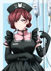  1girl apron averting_eyes black_apron black_gloves black_hat blue_background border breasts brown_eyes brown_hair closed_mouth commentary_request double_bun dress drop_shadow elbow_gloves frilled_apron frills gloves hair_bun hair_ornament hairclip hat highres higuchi_madoka idolmaster idolmaster_shiny_colors intravenous_drip large_breasts light_frown looking_to_the_side maid_apron mole mole_under_eye noochan_chonoda nurse nurse_cap outside_border parallel_hairclips pink_dress short_hair short_sleeves solo split_mouth upper_body white_border x_hair_ornament 