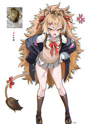  1girl absurdres anger_vein animal_ears artist_name big_hair black_shoes blonde_hair brown_socks chromatic_aberration color_guide fang furrowed_brow grey_skirt hair_between_eyes hair_ornament hair_ribbon hairclip hands_on_own_hips haze_(7h4ze) highres kneehighs lion_ears lion_girl lion_tail loafers looking_at_viewer microskirt neck_ribbon off_shoulder open_mouth original photo-referenced photo_inset pleated_skirt red_ribbon reference_inset ribbon scar scar_on_face scar_on_leg shoes simple_background skirt socks solo spoken_anger_vein tail tail_ornament tail_ribbon torn_clothes torn_socks white_background yellow_eyes 