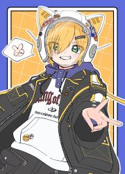 1boy animal_ear_helmet animal_ears animal_helmet arm_belt belt black_belt black_jacket black_shorts blonde_hair blue_border blue_hood blush border cat_ears caution character_name clothes_writing cowboy_shot drawstring fake_animal_ears flame_print from_below green_eyes grid_background grin hair_ornament hair_over_one_eye hairclip helmet highres hood hood_down hoodie image_in_speech_bubble jacket lapels lightning_bolt_print looking_at_viewer loose_belt male_focus nijisanji notched_lapels open_belt open_clothes open_jacket outside_border pocket print_hoodie reaching reaching_towards_viewer short_hair shorts smile solo space_helmet standing sticker takomi_v unzipped uzuki_kou uzuki_kou_(5th_costume) v virtual_youtuber white_helmet white_hoodie wolf_cut yellow_background yellow_belt yellow_trim zipper 