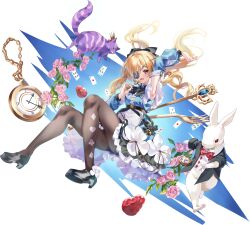  1girl :d absurdres ace_(playing_card) ace_of_hearts alice&#039;s_adventures_in_wonderland alice_(alice_in_wonderland) arm_up armpits black_pantyhose blonde_hair card cheshire_cat_(alice_in_wonderland) club_(shape) commentary_request diamond_(shape) eyepatch flower food fork four_of_clubs fruit heart high_heels highres holding holding_spoon lily0428 long_hair looking_at_viewer open_mouth original oversized_object pantyhose pink_flower playing_card pocket_watch red_eyes simple_background smile solo spade_(shape) spoon strawberry three_of_spades two_of_diamonds watch white_rabbit_(alice_in_wonderland) 