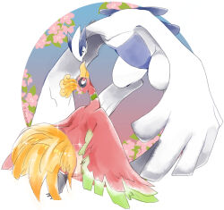  animal_focus commentary_request flower full_body hair_flower hair_ornament ho-oh ingoguma lugia no_humans noses_touching pink_flower pokemon pokemon_(creature) red_eyes twitter_username white_background 