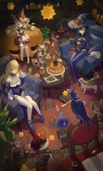  3girls absurdres armchair bird black_gloves black_hair blonde_hair blue_capelet blue_hat blue_leotard blue_thighhighs book candy capelet chair child commentary_request crow cup detached_sleeves dodoco_(genshin_impact) dress elmo_(st_elmomomo) eyepatch fischl_(ein_immernachtstraum)_(genshin_impact) fischl_(genshin_impact) food genshin_impact gloves green_eyes hair_over_one_eye hat highres holding holding_cup indoors klee_(blossoming_starlight)_(genshin_impact) klee_(genshin_impact) leotard long_hair looking_at_viewer mona_(genshin_impact) multiple_girls official_alternate_costume official_alternate_eye_color oz_(genshin_impact) pantyhose pointy_ears purple_dress purple_sleeves red_dress red_eyes red_hat sitting smile snack teacup thigh-highs tiara twintails white_pantyhose white_thighhighs witch_hat 