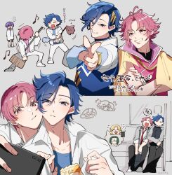  ... 5boys ahoge bag black_pants blonde_hair blue_eyes blue_hair blue_shirt blush broom broom_guitar cellphone chibi chibi_inset chips_(food) commentary_request cure_lock cure_top curtained_hair dancing_star_precure food green_hair grey_background grey_jacket highres holding holding_bag hoshikawa_gaku jacket kurose_maito long_bangs multiple_boys natsume_hayato necktie nonoko_(nopippichan) pants phone pink_eyes pink_hair pointing precure red_necktie school_bag selfie shirt short_hair sleeping sleeping_on_person tengen_kouga tsukimiya_sasana unconventional_guitar white_jacket 