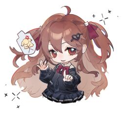  1girl ahoge ambermut anger_vein black_cardigan black_skirt bow bowtie broken_heart broken_heart_hair_ornament cardigan commentary_request cropped_legs deformed dress_shirt evil_neuro-sama fang hair_between_eyes hair_ornament hair_ribbon heart index_finger_raised long_hair long_sleeves looking_at_viewer off-shoulder_cardigan open_mouth pleated_skirt red_bow red_bowtie red_eyes red_ribbon ribbon shirt simple_background skin_fang skirt skull_hair_ornament solo two_side_up upper_body vedal_ai virtual_youtuber white_background white_shirt 