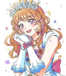  1girl :d aikatsu! aikatsu!_(series) bare_shoulders bead_necklace beads blue_flower blue_rose bow crown flower gloves hair_flower hair_ornament hand_on_own_hip hands_up highres jewelry ku_(kuooss) long_hair looking_at_viewer necklace open_mouth orange_flower orange_hair orange_rose ozora_akari petals pink_bow pink_eyes pink_flower pink_rose rose rose_petals simple_background smile solo upper_body white_background white_flower white_gloves white_rose 