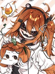  1girl a.i._voice adachi_rei candy candy_corn closed_mouth commentary danchoo faceswap food gloves grin halloween highres holding holding_pumpkin jack-o&#039;-lantern jacket long_sleeves looking_at_viewer medium_hair one_side_up open_clothes open_jacket orange_eyes orange_hair pumpkin smile solo upper_body utau white_gloves white_jacket 