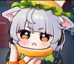 anby_demara animal_ears belle_(zenless_zone_zero) hamburger hue_oo multiple_girls sandwiched short_hair zenless_zone_zero