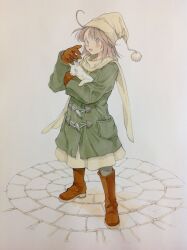  1girl animal boots brown_boots brown_eyes brown_gloves brown_hair brown_hat brown_scarf brown_skirt cat coat commentary_request full_body gloves green_coat hand_up hat highres holding holding_animal holding_cat looking_at_viewer nightcap open_mouth original outdoors pantyhose peter_salt scarf short_hair skirt smile solo standing traditional_media white_cat winter_clothes 