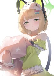  1girl absurdres alternate_costume alternate_hairstyle animal_ear_headphones animal_ears aqua_bow bare_shoulders blonde_hair blue_archive blush bow cat_ear_headphones cat_ears closed_mouth crossed_arms fake_animal_ears frilled_pajamas frilled_sleeves frills frown green_eyes green_halo green_pajamas hair_bow hair_down halo headphones highres holding holding_pillow ixia559 looking_at_viewer medium_hair midori_(blue_archive) off-shoulder_pajamas off_shoulder pajamas pillow pink_pillow red_bow shy sidelighting simple_background sleep_mask sleeves_past_fingers sleeves_past_wrists solo straight_hair upper_body white_background wide_sleeves 