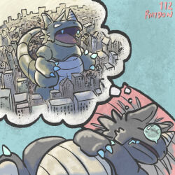  blue_background character_name closed_eyes dreaming highres image_in_thought_bubble kaiju lying no_humans nose_bubble on_back pillow pokedex_number pokemon pokemon_(creature) rhydon sleeping teratodentata 