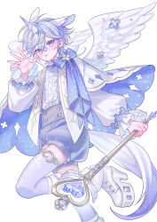  1boy absurdres blush boots cape center_frills commentary double-parted_bangs english_commentary feathered_wings foot_out_of_frame frills hair_between_eyes hand_up highres holding holding_staff long_sleeves looking_at_viewer male_focus open_mouth original purple_hair purple_shorts shirt short_hair shorts simple_background staff standing standing_on_one_leg suzaku_(zaku6584) thigh-highs twitter_username unicorn_boy unicorn_horn violet_eyes white_background white_boots white_cape white_shirt white_thighhighs white_wings wings 