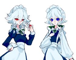  2girls apron blue_dress blue_eyes blue_nails braid commentary_request dress hair_between_eyes hair_ribbon hand_on_own_chest hand_on_own_hip highres holding holding_knife izayoi_sakuya knife long_sleeves looking_at_viewer maid maid_apron maid_headdress mashi_(pixiv_zcjd2538) medium_hair multiple_girls multiple_knives nail_polish red_eyes ribbon shirt smile touhou twin_braids variations white_hair white_shirt 