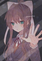  1girl against_fourth_wall artist_name bad_id bad_pixiv_id black_background bow breasts brown_hair collared_shirt doki_doki_literature_club doki_doki_literature_club_school_uniform fourth_wall green_eyes grey_jacket hair_bow hair_intakes highres jacket lapels layered_sleeves long_sleeves looking_at_viewer neck_ribbon notched_lapels open_hand orange_sweater_vest parted_lips ponytail red_ribbon ribbon school_uniform shirt sidelighting sidelocks simple_background small_breasts solo sweater_vest tears tsurime upper_body white_bow yakinikusakoku 