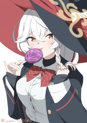  1girl :p absurdres black_hat black_jacket black_shirt blue_archive blush bow bowtie braid breasts candy clenched_hand closed_mouth collared_shirt commentary crossed_bangs diagonal-striped_bow diagonal-striped_bowtie diagonal-striped_clothes dress_shirt eri_(blue_archive) food furrowed_brow hair_between_eyes halo hands_up hat highres holding holding_candy holding_food holding_lollipop iwaaiso5040 jacket large_breasts licking lollipop long_hair long_sleeves looking_at_viewer open_clothes open_jacket orange_eyes pinky_out playing_with_own_hair red_bow red_bowtie school_uniform shirt simple_background single_braid sleeves_past_wrists smile solo striped_bow striped_bowtie striped_clothes tongue tongue_out turtleneck turtleneck_shirt twitter_username upper_body white_background white_hair white_shirt witch_hat yellow_halo 