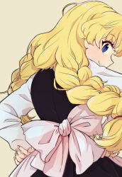  1girl apron back_bow black_skirt black_vest blonde_hair blue_eyes bow braid closed_mouth commentary_request kinosaki kirisame_marisa long_sleeves looking_back lotus_eaters skirt smile solo touhou twin_braids twintails vest waist_apron white_apron white_bow 