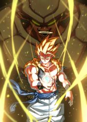  2boys a_(mitei7926) aura black_vest blonde_hair blue_sash cowboy_shot cropped_vest dragon_ball dragon_ball_z energy_ball gogeta halo highres janemba male_focus medium_hair metamoran_vest multiple_boys muscular muscular_male no_shirt open_clothes open_vest pants sash spiky_hair super_saiyan super_saiyan_1 vest white_pants yellow_halo 