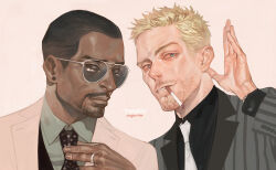 2boys beard_stubble black_necktie black_shirt black_vest blonde_hair blue_eyes brown_eyes business_suit chain chain_bracelet cigarette collared_shirt ctkcave dark-skinned_male dark_skin earrings facial_hair glasses green_shirt jacket jewelry looking_at_viewer male_focus mature_male multiple_boys necktie original portrait ring shaved_head shirt short_hair simple_background smoking striped_clothes striped_jacket stubble suit suit_jacket vest white-framed_eyewear white_background white_jacket white_necktie 