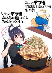  1girl animal_ear_fluff animal_ears black_hair blue_archive blush bowl closed_mouth commentary_request extra_ears food halo highres kukeiha_(squarewave29) long_hair master_shiba_(blue_archive) noodles ramen red_eyes red_halo serika_(blue_archive) shiba_inu short_sleeves translation_request upper_body 