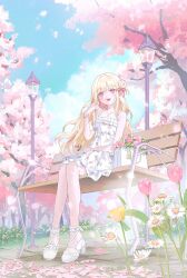  1girl absurdres bag bench blonde_hair blue_sky bracelet character_request cherry_blossoms clouds cloudy_sky collar copyright_request dress falling_petals flower hair_ornament highres jewelry lamp long_hair looking_to_the_side on_bench open_mouth outdoors petals red_eyes shoes sitting sky smile solo teeth tree upper_teeth_only white_dress white_shoes yur1ca 