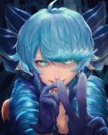 1girl absurdres ahoge bare_shoulders black_bow bow collarbone drill_hair epicmilk gloves green_eyes green_hair grin gwen_(league_of_legends) hair_bow hair_ornament hands_up highres league_of_legends long_hair portrait purple_gloves shiny_skin smile solo symbol_in_eye teeth twin_drills v 