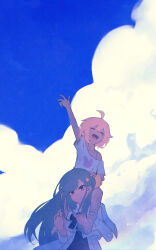  2girls ^_^ absurdres ahoge anisphia_wynn_palettia arm_up barefoot blonde_hair blue_hair blue_sky bow carrying closed_eyes closed_mouth clouds cloudy_sky day euphyllia_magenta hair_ornament highres jacket long_hair long_sleeves multiple_girls off_shoulder open_mouth outdoors pink_hair rnna scenery shirt short_hair short_sleeves shoulder_carry sitting_on_shoulder sky smile soles swept_bangs tensei_oujo_to_tensai_reijou_no_mahou_kakumei toes violet_eyes virtual_youtuber waving white_jacket white_shirt 