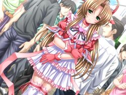  1girl ahoge blush brown_hair choker dress dutch_angle faceless faceless_male frills game_cg gloves green_eyes higuchi_isami kusunoki_sae long_hair magical_girl mahou_shoujo_sae multiple_boys non-web_source official_art red_gloves ribbon skirt solo_focus thigh-highs variant_set zettai_ryouiki 