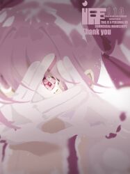  1girl absurdres bow center_frills chinese_commentary commentary_request commission covering_face dress eyelashes floating_hair frilled_dress frills gloves hair_bow highres kaname_madoka kokaiff light_particles magical_girl mahou_shoujo_madoka_magica mahou_shoujo_madoka_magica_(anime) own_hands_together pink_bow pink_dress pink_eyes pink_hair puffy_short_sleeves puffy_sleeves sample_watermark short_hair short_sleeves short_twintails simple_background solo thank_you twintails upper_body watermark white_background white_gloves white_sleeves wind 