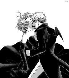  1boy 1girl antenna_hair bare_shoulders bat_wings cardcaptor_sakura closed_eyes collarbone commentary couple dress elbow_gloves english_commentary gloves greyscale hand_on_another&#039;s_neck hand_on_another&#039;s_waist highres kinomoto_sakura li_syaoran monochrome short_hair signature strapless strapless_dress suit syosyo_creates wings 