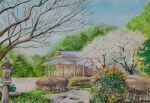  bare_tree building bush hedge highres miyuchan777 no_humans original painting_(medium) path plant stone_lantern traditional_media tree watercolor_(medium) 