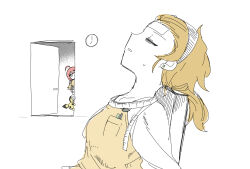  1boy 2girls =_= ahoge apron apron_pocket brother_and_sister brown_hair chair chan_chiho chan_mama clock closed_eyes commentary_request earrings hairband hand_on_another&#039;s_head harumi_(pokemon) highres jewelry leaning_back long_hair mother_and_daughter mother_and_son multiple_girls nao_(70_pocky) open_door open_mouth peeking pichu pokemon pokemon_(creature) pokemon_kids_tv red_hair shirt siblings solo_focus sweatdrop wall_clock white_shirt yellow_apron 