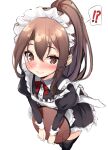  !? 1girl alternate_costume apron black_dress black_thighhighs brown_eyes brown_hair dress enmaided feet_out_of_frame frilled_apron frilled_dress frills from_above highres kantai_collection looking_at_viewer maid maid_headdress ponytail simple_background solo spoken_interrobang thigh-highs tray white_apron white_background zarashi zuihou_(kancolle) 