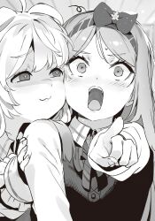  +_+ 2girls :3 ahoge blush bow breasts cheek-to-cheek collared_shirt enju_yuyuko greyscale hair_between_eyes hair_bow hair_ornament half-closed_eyes hand_on_another&#039;s_shoulder heads_together highres index_finger_raised itan_na_karera_no_kimitsu_kyoshitsu long_hair long_sleeves looking_at_viewer medium_hair monochrome multiple_girls nauribon non-web_source novel_illustration official_art open_mouth outstretched_arm parted_bangs pointing pointing_at_viewer reaching reaching_towards_viewer ribbon sakuragahira_aoba school_uniform shirt small_breasts smile surprised sweat teeth tsurime upper_body upper_teeth_only vest wide-eyed 