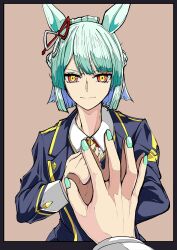  1girl absurdres animal_ears closed_mouth colored_inner_hair ear_ornament ear_ribbon eyebrows_hidden_by_hair female_pov fingernails fujimasa_march_(umamusume) green_hair green_nails hand_on_mirror hand_on_own_chest hands_up highres horse_ears jacket jose_(joseeidossei) light_smile long_sleeves looking_at_viewer multicolored_eyes multicolored_hair multiple_girls nail_polish parted_bangs pov pov_hands red_eyes reflection reflection_focus ribbon shirt short_hair simple_background solo straight-on two-tone_eyes umamusume umamusume:_cinderella_gray v-shaped_eyebrows white_hair yellow_eyes 