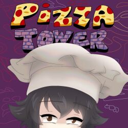  1girl chef_hat exhausted explosion girls_und_panzer grey_hair hat highres non-web_source pepperoni_(girls_und_panzer) pizza_tower poster_parody purple_background 
