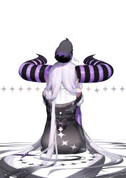  1girl absurdres animal_on_head bird bird_on_head black_dress black_horns crow_(la+_darknesss) dress from_behind gradient_hair grey_hair highres hololive horns huge_horns inumata_ichini la+_darknesss la+_darknesss_(5th_costume) multicolored_hair on_head purple_horns solo striped_horns virtual_youtuber white_background 