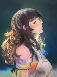  1girl absurdres apron black_hair breasts danganronpa_(series) danganronpa_2:_goodbye_despair eyelashes from_side highres kuzyachan long_hair looking_up pink_eyes pink_shirt shirt short_sleeves solo tsumiki_mikan upper_body white_apron 