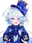  1girl ascot black_gloves blue_bow blue_eyes blue_hair blue_headwear blue_jacket bow furina_(genshin_impact) genshin_impact gloves hair_between_eyes hat highres jacket jewelry long_hair long_sleeves looking_at_viewer multicolored_hair open_mouth pochimaru_(marumaru_wanwan) shirt solo symbol-shaped_pupils tears top_hat vision_(genshin_impact) white_background white_gloves white_hair 