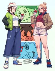  2girls belt blue_eyes blue_pants blue_shoes bracelet breasts brown_belt brown_eyes brown_hair brown_jacket brown_shorts chikorita commentary crop_top denim english_commentary green_jacket hair_bun harmony_(pokemon) hat highres holding holding_poke_ball jacket jeans jewelry luchidart medium_breasts multiple_girls orange_hair pants poke_ball pokemon pokemon_(creature) pokemon_legends:_z-a red_shirt ribbed_socks shirt shoes short_shorts shorts single_hair_bun smile socks taunie_(pokemon) tepig totodile turtleneck turtleneck_shirt v-shaped_eyebrows watermark white_hat white_shirt white_socks 