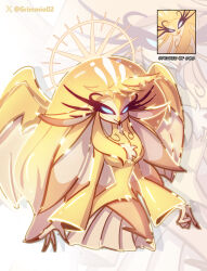  1girl absurdly_long_hair absurdres beak bird_girl blonde_hair blue_eyes dress feathers furry furry_female grimmie02 hazbin_hotel hellaverse highres long_eyelashes long_hair looking_at_viewer solo speaker_of_god_(hazbin_hotel) very_long_hair yellow_dress yellow_feathers 