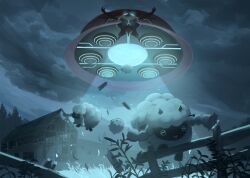  5others absurdres animal_focus beetle bug clouds cloudy_sky farm floating gigantamax_orbeetle glowing glowing_eyes highres horns king_joe_(neoroto) multiple_others no_humans orbeetle outdoors pokemon pokemon_(creature) pokemon_focus sheep sheep_horns sky ufo wooloo 