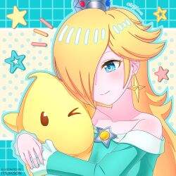  1girl absurdres blonde_hair blue_dress blue_eyes blush brooch closed_mouth crown dress earrings english_commentary hair_over_one_eye highres hug itsjikson jewelry long_hair long_sleeves looking_at_another luma_(mario) off-shoulder_dress off_shoulder rosalina smile star_(symbol) star_brooch star_earrings super_mario_bros. twitter_username upper_body 