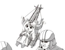  1girl 2boys aiming arrow_(projectile) black_horns braid braided_bangs collar demon_girl demon_horns helmet hololive horns huge_horns kampagiyowu la+_darknesss metal_collar multicolored_hair multiple_boys streaked_hair striped_horns virtual_youtuber weapon 