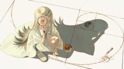  1girl blonde_hair blue_shorts blush camisole charm_(object) closed_mouth colored_eyelashes commentary dolosse flipped_hair full_body gakuen_idolmaster gradient_hair grey_hair hair_ornament hairclip hand_up highres holding holding_honey_dipper holding_magnifying_glass honey honey_dipper id_card idolmaster jar long_hair long_sleeves looking_at_viewer looking_through_magnifying_glass looking_up magnifying_glass multicolored_hair on_ground one_eye_closed open_clothes open_robe orange_eyes orange_ribbon parallel_hairclips parted_bangs ribbon robe shadow shinosawa_hiro shoes shorts smile solo squatting very_long_hair white_camisole white_robe white_shoes wide_sleeves 