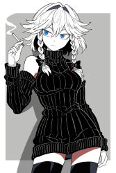  1girl alternate_costume black_bow black_sleeves black_sweater black_thighhighs blue_eyes bollzzalguy bow braid breasts cigarette cowboy_shot detached_sleeves hair_between_eyes highres holding holding_cigarette izayoi_sakuya knit_sweater looking_to_the_side medium_breasts medium_hair simple_background sleeveless sleeveless_sweater sleeveless_turtleneck smoke smoke_trail standing sweater thigh-highs touhou turtleneck turtleneck_sweater twin_braids white_hair zettai_ryouiki 