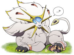  ... animal_focus blue_eyes bright_pupils claws closed_mouth commentary_request full_body ingoguma lion litleo no_humans pokemon pokemon_(creature) sitting solgaleo speech_bubble spoken_ellipsis white_background white_pupils 