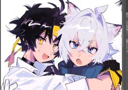  2boys animal_ear_fluff animal_ears art_program_in_frame asaba_harumasa black_hair blue_sweater blush cat_boy cat_ears choker colored_tips commentary_request fang fangs gloves hair_between_eyes hair_intakes headband hug_from_side implied_yaoi looking_at_viewer male_focus multicolored_hair multiple_boys open_mouth parted_bangs portrait ribbed_sweater seth_lowell shirt short_hair skin_fang sleeves_rolled_up sweatdrop sweater violet_eyes white_background white_hair white_shirt yellow_eyes yellow_gloves yellow_headband yzyz630 zenless_zone_zero 