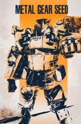  absurdres aiming aiming_at_viewer character_name clenched_hand english_commentary frameture glowing glowing_eyes highres ink metal_gear_(series) parody robot seed_sr. title_parody zenless_zone_zero 