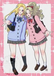  2girls alternate_costume bag black_bag black_socks blue_bow blue_bowtie blue_car blue_eyes blue_nails border bow bowtie breasts brown_shoes car cardigan celes_chere dissidia_duellum_final_fantasy dissidia_final_fantasy final_fantasy final_fantasy_vi full_body grey_skirt hair_bow hair_ornament highres loafers medium_breasts moogle motor_vehicle multiple_girls nail_polish official_alternate_costume one_eye_closed open_mouth outstretched_hand parted_bangs parted_lips pink_border pink_cardigan pink_nails plaid_clothes plaid_skirt ponytail red_bow red_bowtie school_uniform shikiwo shoes shoulder_bag sidelocks skirt smile socks sparkle terra_branford violet_eyes wavy_hair white_background white_socks 