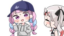  2girls :t black_bow blue_hair blush_stickers bow braid chibi closed_eyes closed_mouth gradient_hair grey_hair hair_bow hair_ornament hand_in_pocket hand_up highres hololive horns long_hair long_sleeves low_twintails minato_aqua mochimiko multicolored_hair multiple_girls nakiri_ayame nakiri_ayame_(streetwear) oni pink_hair pointing puffy_long_sleeves puffy_sleeves red_hair simple_background sweat tears twin_braids twintails two-tone_hair upper_body very_long_hair violet_eyes virtual_youtuber wavy_mouth white_background x_hair_ornament 